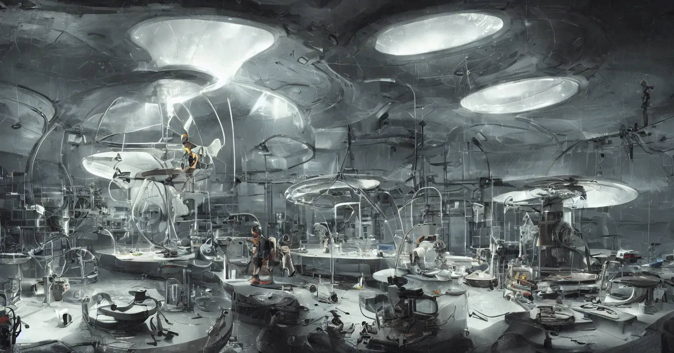 Image similar to engineer repairs broken flying saucer full of modern equipment, in the laboratory full of tools and machines, high detail, realistic characters, volume raytracing fog, wet reflective ground, by james paick, by ilm, by digital domain, by weta digital