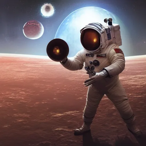 Image similar to extreme long shot of a soviet cosmonaut in mars, mets aliens, spreads the word of the revolution, cccp international space station in the background, sovietwave aesthetic, sci fi, soviet futurism, socialist realism, volumetric lighting, ultra detailed, hyperrealistic, photoshopped, octane render, 8 k, high resolution