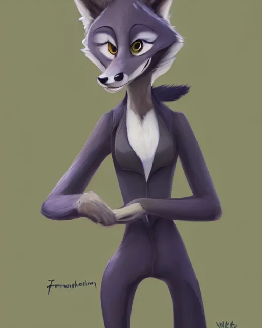 Image similar to oil painting of anthromorphic female wolf, in style of zootopia, female fursona, furry, furaffinity, 4 k, deviantart, furry art, fursona art, wearing black business suit, business suit, wolf fursona, female, smug expression,