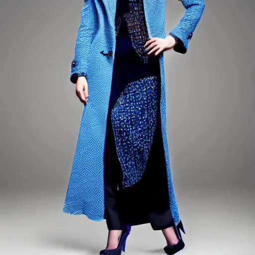 Image similar to fashion 2 0 5 0 fantastic openwork long coat with intricate pattern on a beautiful symmetrical girl with blue hair, hyper realistic photos