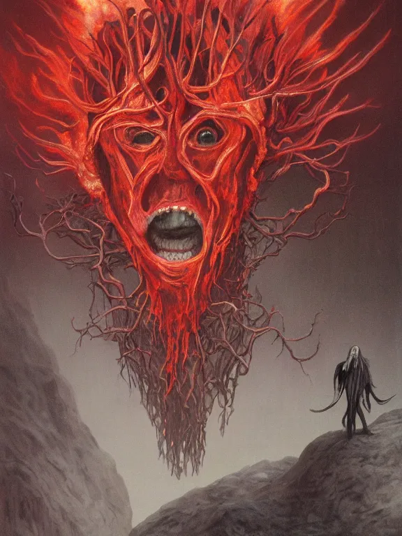 Image similar to wayne barlowe painting of a flying sorrowful looking severed human head with tears running down it's eyes, face that is chalk white in color, with long white tentacles stemming from it's neck, fiery scorching red eyes, background sprawling terrifying hellish cave with lava flowing through it's walls, 4 k