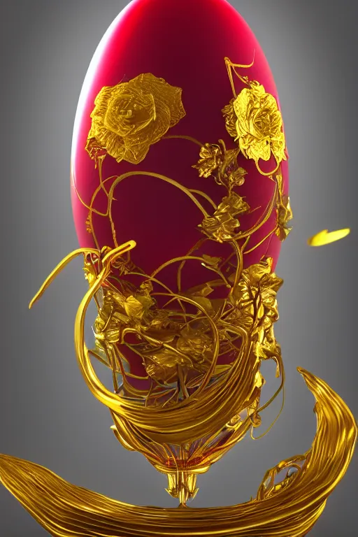 Image similar to a detailed glowing egg with swirls of red and blue emerging from the blossom of a metallic gold flower with tendrils of gold wrapping around the egg, an egg sitting inside a rose made out of silver and gold, fantasy concept art, unreal engine 5, volumetric lighting, trending on artstation