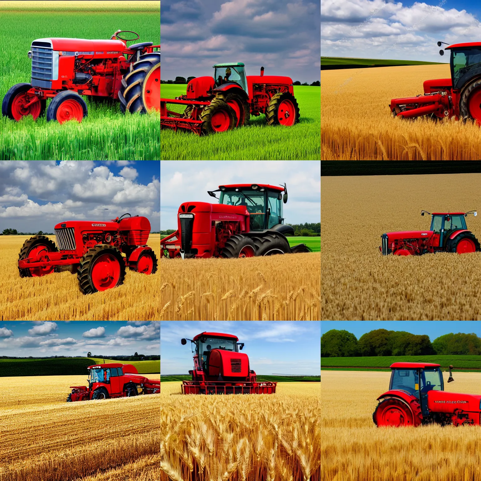 Prompt: A red tractor, wheat field.