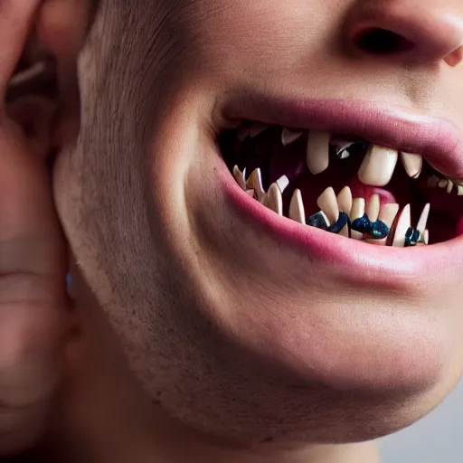 Image similar to intricate teeth stapled into skin, 4k photograph