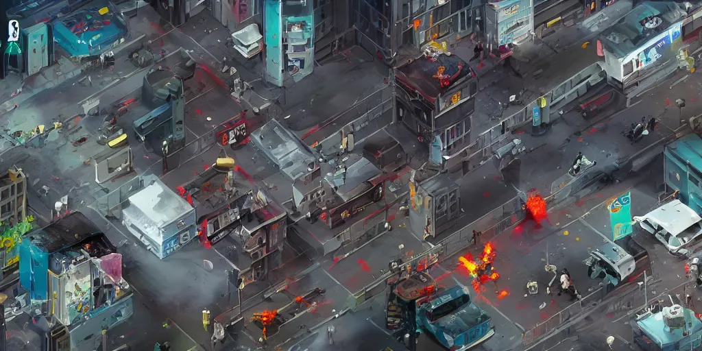 Image similar to 1991 Video Game Screenshot, Anime Neo-tokyo Cyborg bank robbers vs police, bags of money, Helipad, Multiplayer set-piece, Rooftop, Police officer hit, Bullet Holes and Blood Splatter, Hostages, Smoke Grenade, Sniper Fire, Chaotic, Cyberpunk, Money, Anime Bullet VFX, Machine Gun Fire, Violent, Action, FLCL, Shootout, Highly Detailed, 8k :4 by Katsuhiro Otomo + Studio Gainax + Arc System Works : 8