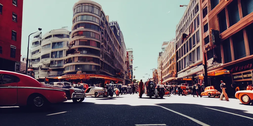 Image similar to low angle wide shot, street scene, retro futuristic vintage shiny polished traffic mainly cars and motorcycles, volumetric lighting, beautiful, day time, spring, sunny weather, sharp focus, highly detailed, photorealistic, 4 0 0 0 k, f 1. 4, cgsociety