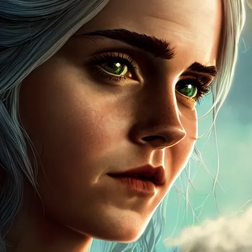 Prompt: a detailed matte portrait of emma watson dressed at ciri from the witcher, scar over green eye, long white hair, art by dan mumford and yusuke murata and makoto shinkai and ross tran, cosmic, heavenly, god rays, intricate detail, cinematic, 8 k, cel shaded, unreal engine, featured on artstation, pixiv