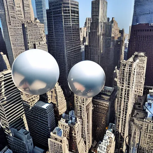 Prompt: dozens of huge metallic white spheres float above the skyline of new york city