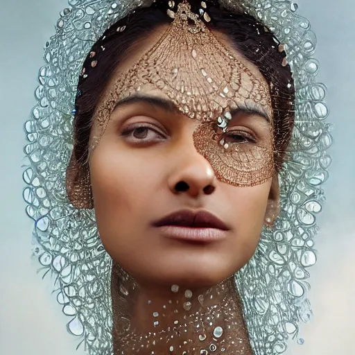 Image similar to full shot of a regal brown - skinned south asian woman wearing an intricate and detailed armor made of dew drops. dew drops around eyes. refracted light. morning dew. delicate. translucent. haunting eyes. vulnerable. fragile. ethereal. refracted light. by ray caesar. by louise dahl - wolfe. surreal photography.