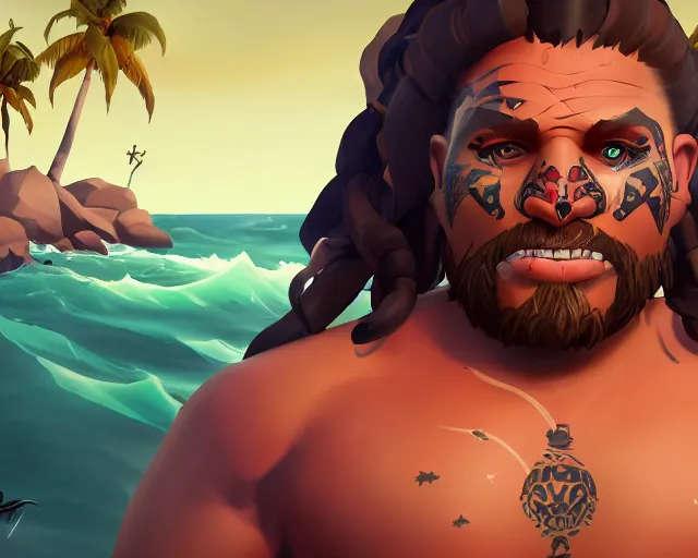 Image similar to sea of thieves character portrait concept art for a muscular tribal native man with polynesian tattoos on his face and a nose ring, cgsociety, trending on artstation, rare ltd,