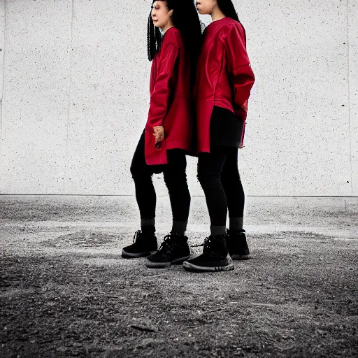 Image similar to photographic portrait of 2 clones in front of a brutalist metal building, 2 techwear women, on a desolate plain, red sky, black oversized clothes, sigma 8 5 mm f / 1. 4, 4 k, depth of field, high resolution, 4 k, 8 k, hd, full color