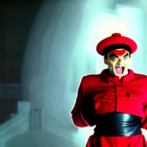 Image similar to mr. bean as m. bison from the streetfighter movie. movie still. cinematic lighting.