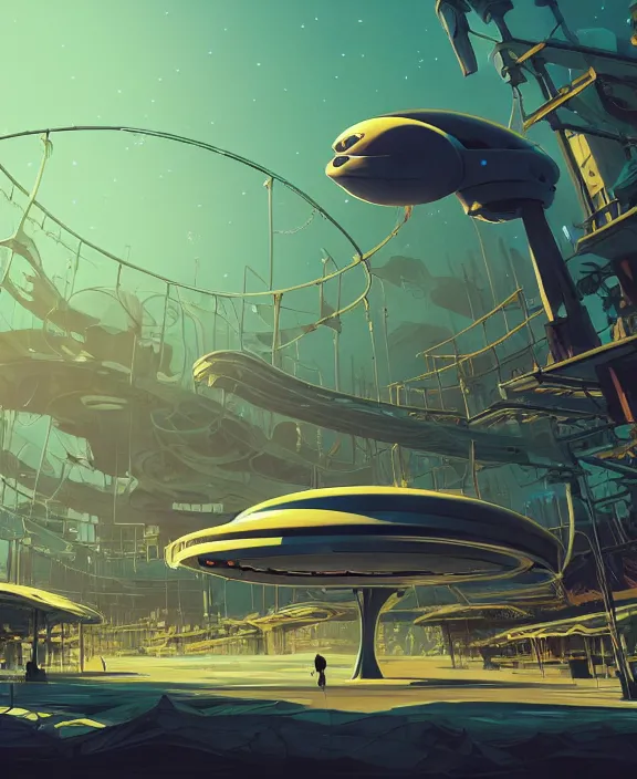 Image similar to simplicity, an amusement park made out of simple weird organic creatures, in the style of a streamlined asymmetrical spaceship, bleak apocalyptic environment, by dan mumford, yusuke murata, makoto shinkai, ross tran, cinematic, unreal engine, cel shaded, featured on artstation, pixiv