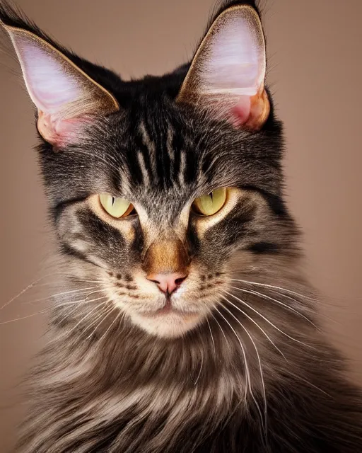 Prompt: An extremely beautiful studio photo of a Maine Coon cat in the style of the Girl With a Pearl Earring, bokeh, 90mm, f/1.4