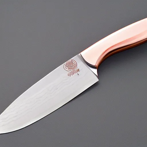 Prompt: kitchen knife with rose gold inlay integral bolster high detail