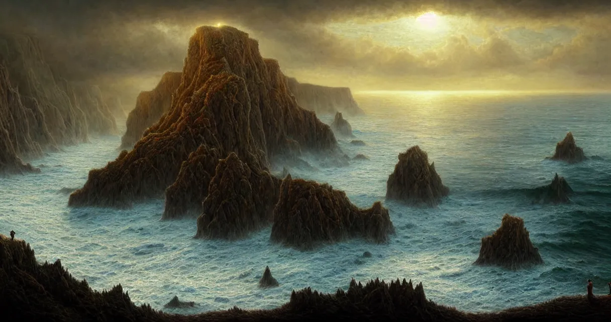 Image similar to epic professional digital art of hungry cliffside sea coastline, faint golden moody atmospheric lighting, painted, intricate, detailed, detailed, foreboding, by leesha hannigan, wayne haag, reyna rochin, ignacio fernandez rios, mark ryden, iris van herpen,, epic, stunning, gorgeous, much wow, cinematic, masterpiece.