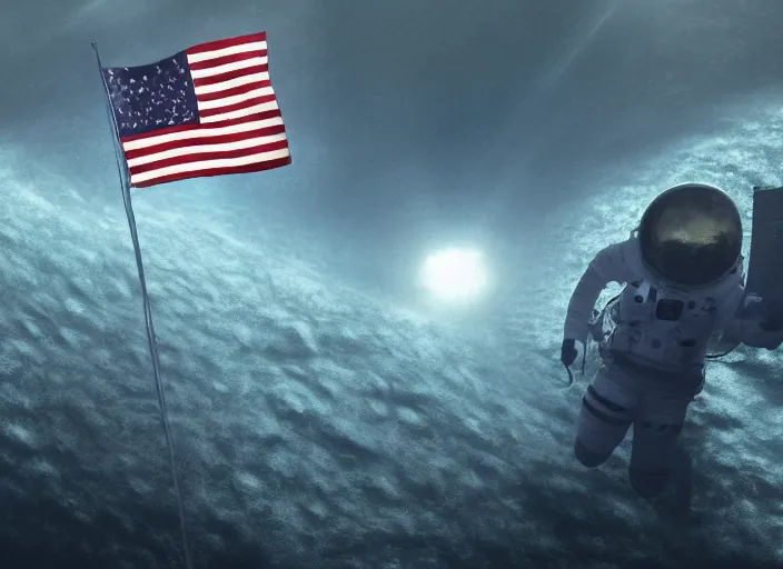 Image similar to astronaut underwater putting a flag in the sand of the bottom of the ocean. there is a submarine in the distance. dark, concept art, cinematic, dramatic, atmospheric, 8 k, trending on artstation, low visibility, fog, zack snyder