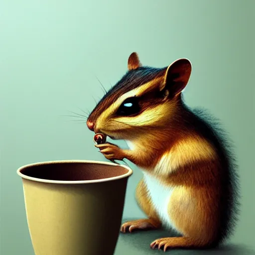 Prompt: a chipmunk drinks out of a cup shaped like an acorn, highly detailed, artstation, art by greg rutkowski,