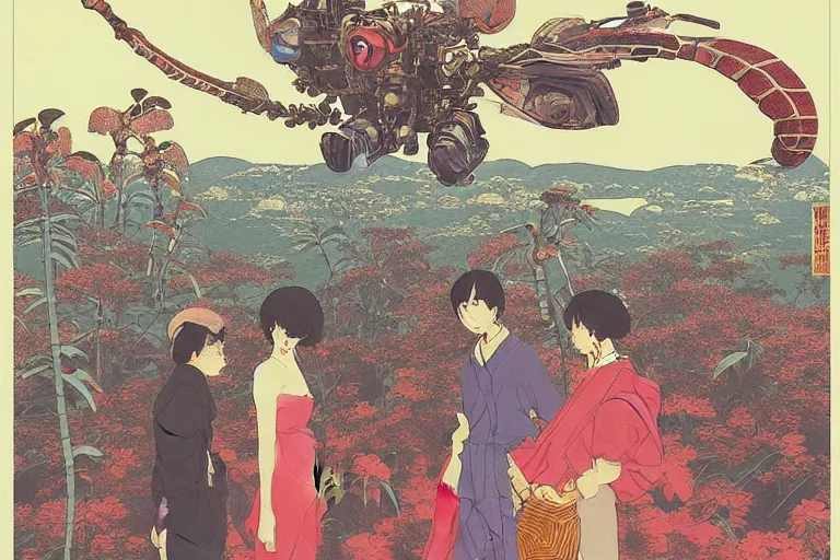 Image similar to gigantic dragonflies with human faces catch tiny robots, a lot of exotic mechas robots around, human heads everywhere, risograph by kawase hasui, dirtyrobot, edward hopper, satoshi kon and moebius, colorful flat surreal design, super - detailed, a lot of tiny details, fullshot