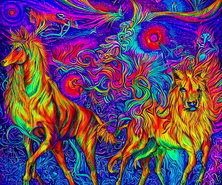 Image similar to the wildest dream, vivid colors, golden hour, psychedelic art, magical creatures