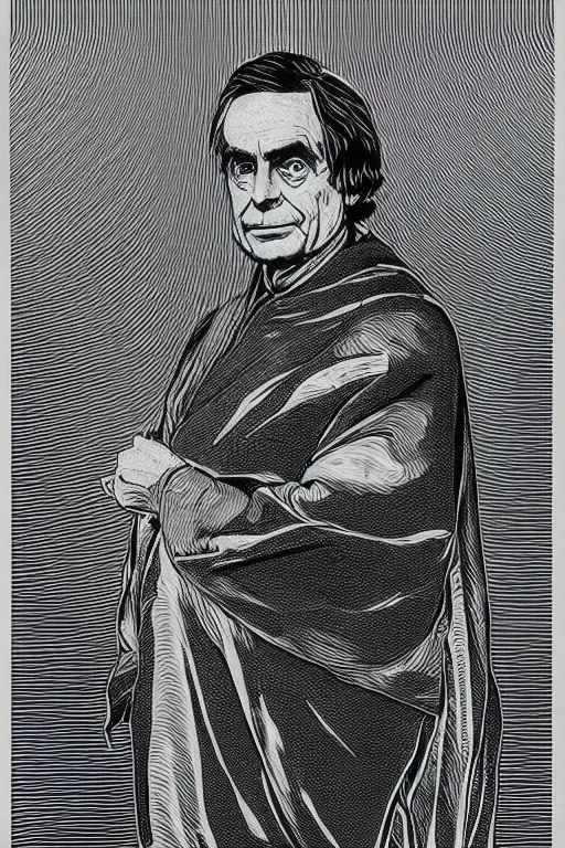 Prompt: A copper engraving of carl sagan wearing jedi robes, wise, dignified, HD, 4k, 8k, incredibly detailed, intricate, masterpiece,