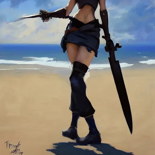 Image similar to greg manchess portrait painting of tracer from overwatch as 2 b nier automata on the beach holding a sword, organic painting, sunny day, matte painting, bold shapes, hard edges, street art, trending on artstation, by huang guangjian and gil elvgren and sachin teng