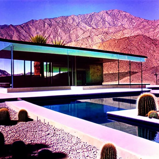 Prompt: hillside desert pavilion, palm springs, metal, glass, stone, large overhangs, beautiful vistas with cacti, rectangular pool, minimal kitchen, sliding glass windows, rust, shadows, tall entry, 8k, realistic, photo by julius shulman