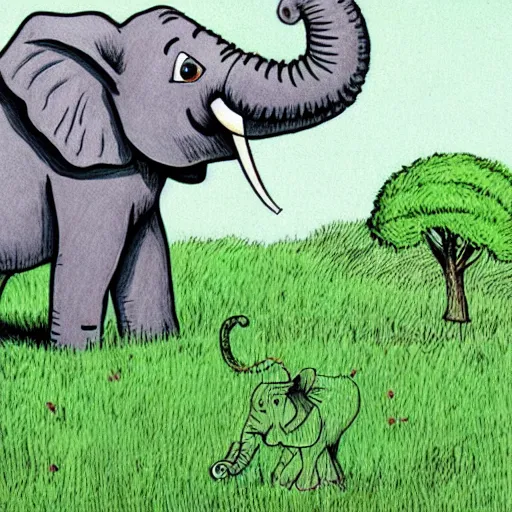 Image similar to an elephant on a green meadow drawn by Alison Bechdel