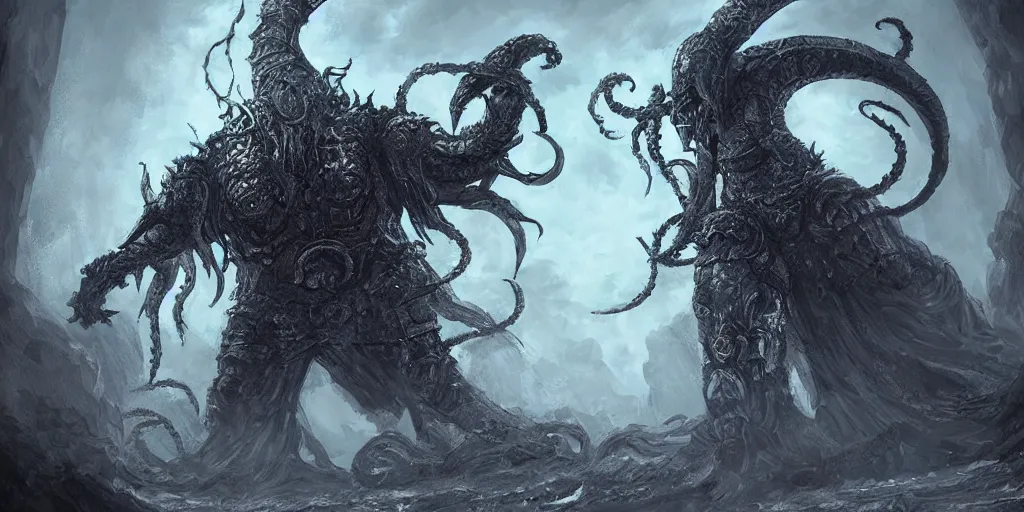 Prompt: a giant kraken as a dark souls final boss, concept art, digital painting, trending on arstation