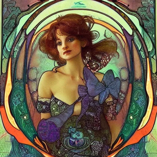 Image similar to Alice in Wonderland,Diamonds Blaze,Rose twining,out of time and space,dreamy, eternity, romantic,highly detailed,in the style of Alphonse Maria Mucha, highly detailed,night lighting