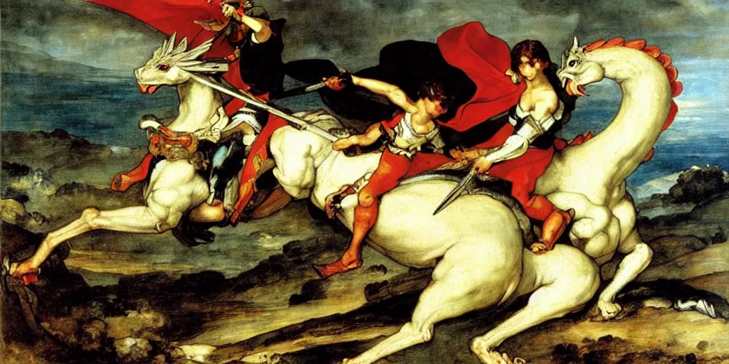 Prompt: knight fighting large white dragon, art by eugene delacroix, raphael