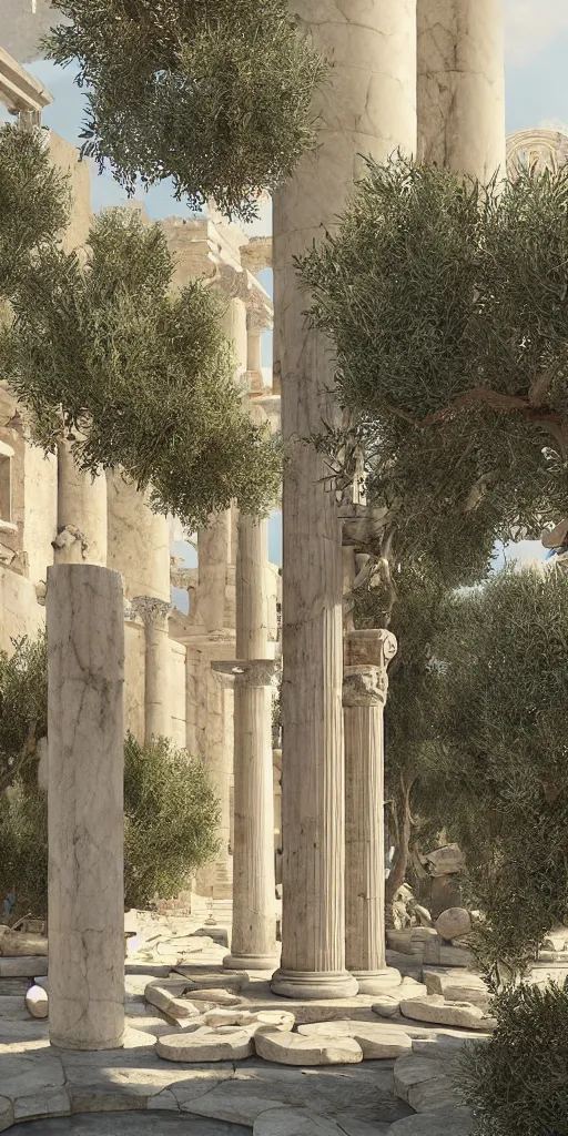 Image similar to ancient greek city, sunny day, olive trees, houses and temples, marble columns, by ilya kuvshinov, rtx rendering, octane render 1 2 8 k, maya, extreme high intricate details by tom bagshaw, medium shot, composition by sana takeda, lighting by greg rutkowski