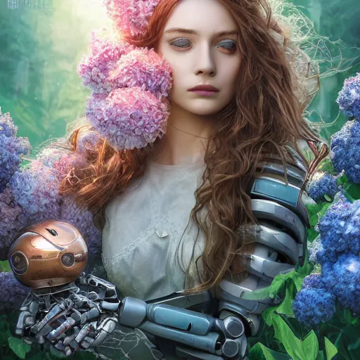 Prompt: a beautiful fine art RPG portrait photo of a sleeping robot by vladislav ociacia, spread out wavy hair covered by by hibiscus, daffodils, hydrangea, montsera leaves by tom bagshaw, soft studio lighting, soft vignette, 50mm lens, very detailed, bionic, robotic, deep depth of field, artstation, 4K