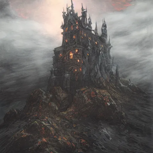 Prompt: a gigantic tall upside-down surreal elaborate inverted dark gothic stone castle descending from the clouds above a lake at midnight, illustration by Ayami Kojima, dramatic lighting, concept art, hyperdetailed, 4k