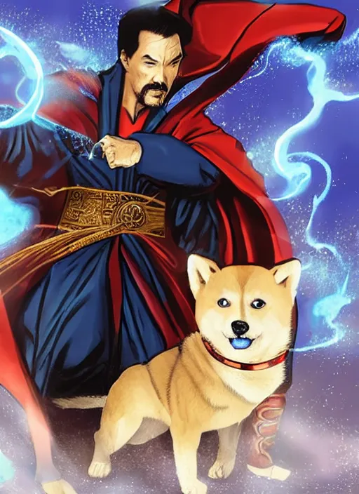 Image similar to dr. strange casting a shield spell in the metaverse with a shiba inu samurai at his feet, hyper realistic, highly detailed, perfect face, smooth, focus