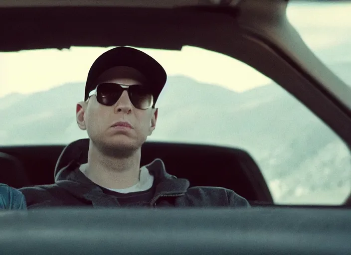 Image similar to a very high resolution image from a new movie, eminem driving a car. inside of a car. alone. mountains, directed by wes anderson