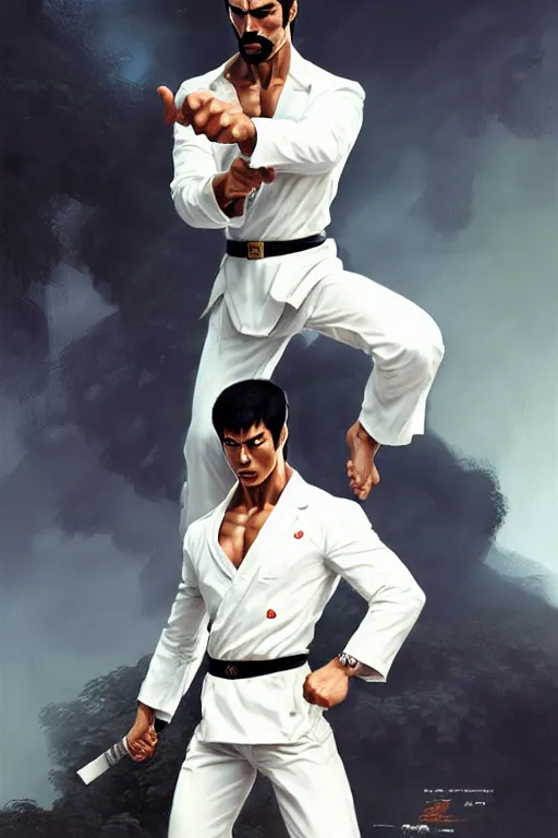 Image similar to gigachad luigi fighting like bruce lee in a white suit, fantasy character portrait, ultra realistic, full body concept art, intricate details, highly detailed by greg rutkowski, ilya kuvshinov, gaston bussiere, craig mullins, simon bisley