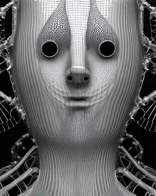 Image similar to mythical dreamy black and white organic bio-mechanical spinal ribbed profile face portrait detail of translucent steampunk bio-mechanical beautiful female angelic-human-queen-vegetal-cyborg, highly detailed, intricate crystal jelly ornate, poetic, 3D render, digital art, octane render, 8K artistic photography, photo-realistic, by Dora Maar