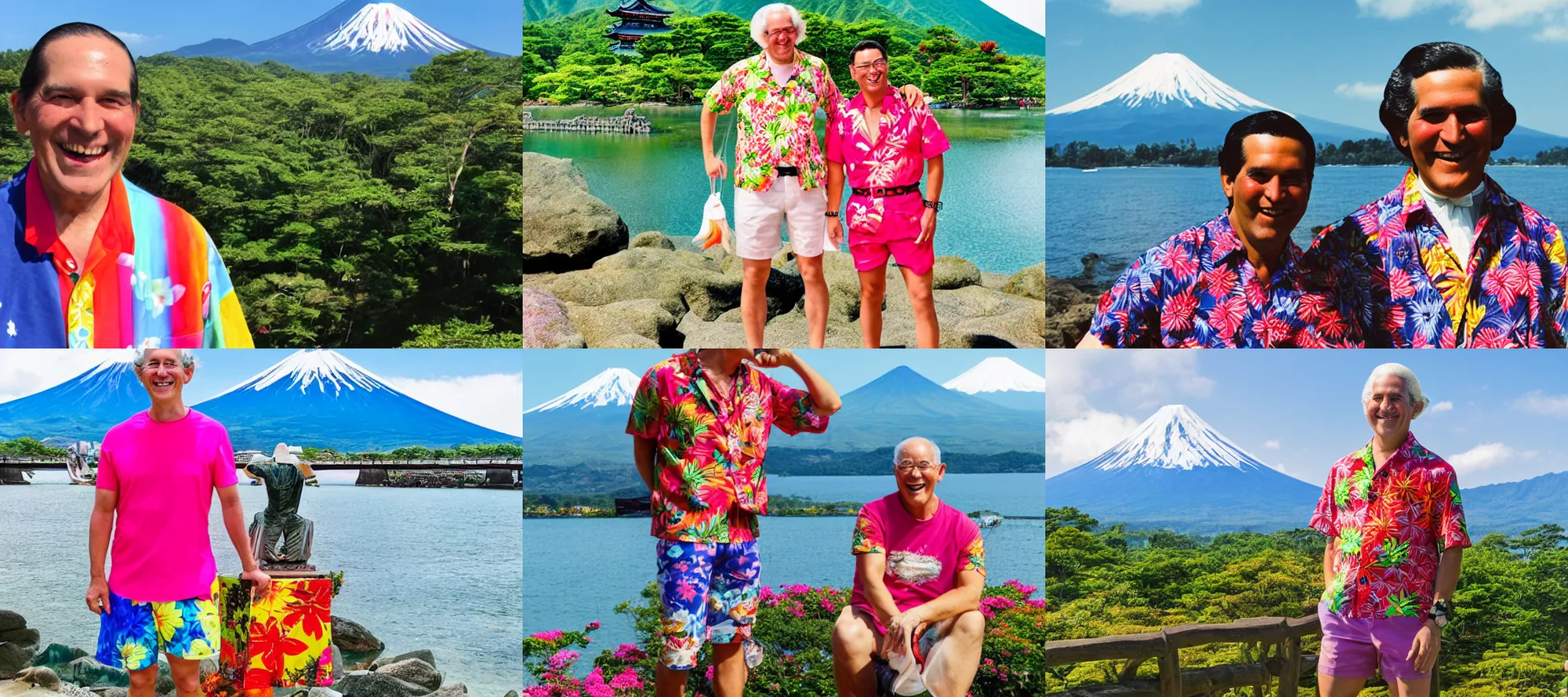Prompt: a colorful vibrant candid vacation photo of george washington smiling in japan wearing shorts and an aloha shirt tourist mount fuji in background