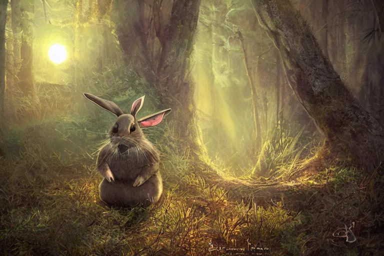 Image similar to portrait of an ashigaru bunny, sunset, ominous shadows through the forest, he has a pike, studio ghibli, the bunny is in a forest valley by brian froud and jessica rossier