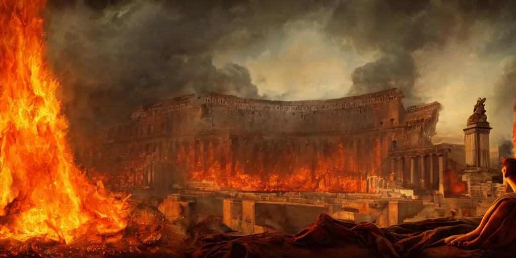 Image similar to Painting of Emperor Nero watching the great fire of rome, abstract, realism, 8k, detailed, terror, octane render, 3d render, complex emotion, glow