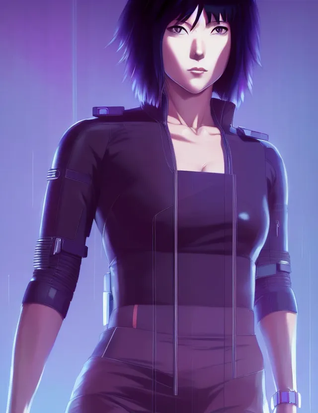 Image similar to a fullbody portrait of motoko kusanagi the major ghost in the shell : : stand alone complex, under repairs, maintenance : : by ilya kuvshinov, rossdraws, artgerm, sola digital arts, anti aliasing, raytracing : :