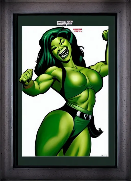 Image similar to Actress Gabrielle Union as She-Hulk, poster framed, comic pinup style, highly detailed, artstation, illustration, posterized, Gene Espy, Peter Temple, George Sportelli, Mitch Foust, Mike Hoffman, Garrett Blair, Mark Brown, Alex Miranda, Michael Bair, Eric Parker, Gene Espy, Mitch Foust, Peter Temple, Eric Parker, David Miller, Alex Miranda, Jay Fife, Brendon Fraim, David Bancroft, Al Rio, Mark Brown, Brian Fraim , Joe Rubinstein, Josh Templeton, Quinton Hoover, Eric Parker, Jim Sandersv Kevin Conrad, Michael Bair, Bob Layton