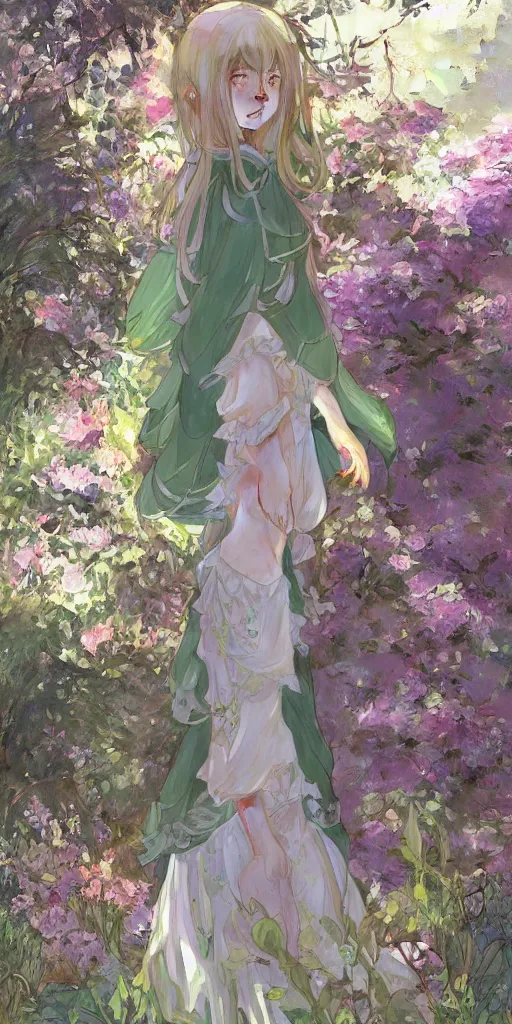 Image similar to a digital art of a loli with long hair in a dress in the privet garden at after noon, green and warm theme and blue accents, back lighting, by krenz cushart and mucha, highly detailed, 4 k resolution, trending on art station