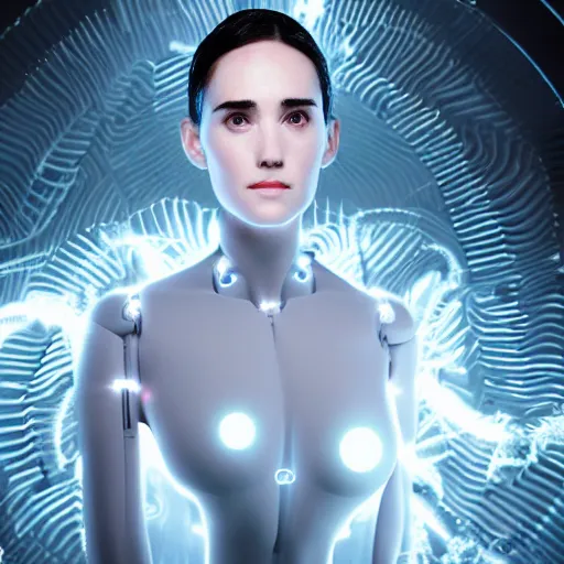 Image similar to beautiful centered Fine art photo portrait of enraptured young Jennifer Connelly as a solarpunk robotic humanoid, white mechanical parts with led lights, photorealistic, white background, highly detailed and intricate, sunset lighting, HDR 8k