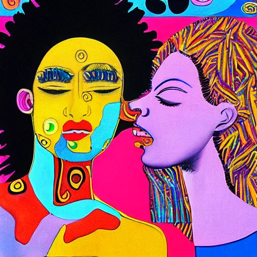 Image similar to beautiful painting of two bizarre psychedelic women kissing each other closeup in japan 1 9 7 0, speculative evolution, mixed media collage by basquiat and alex grey, magazine collage art, sapphic art, lesbian art