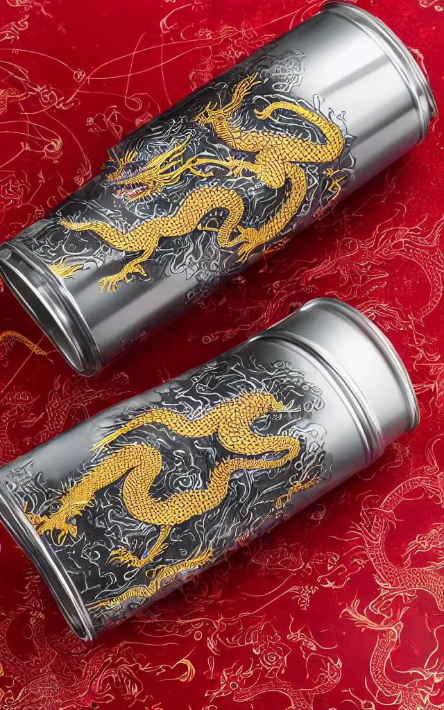 Prompt: a single aluminium can of a dragon-flavored energy drink, intricate and detailed, gold and red and silver design, professional studio photography, detailed black and red background, packshot