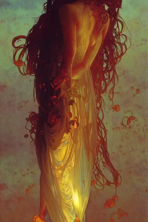 Image similar to glossy liquid honey drops flowing like translucent amber, backlit, sunset, refracted lighting, art by collier, albert aublet, krenz cushart, artem demura, alphonse mucha