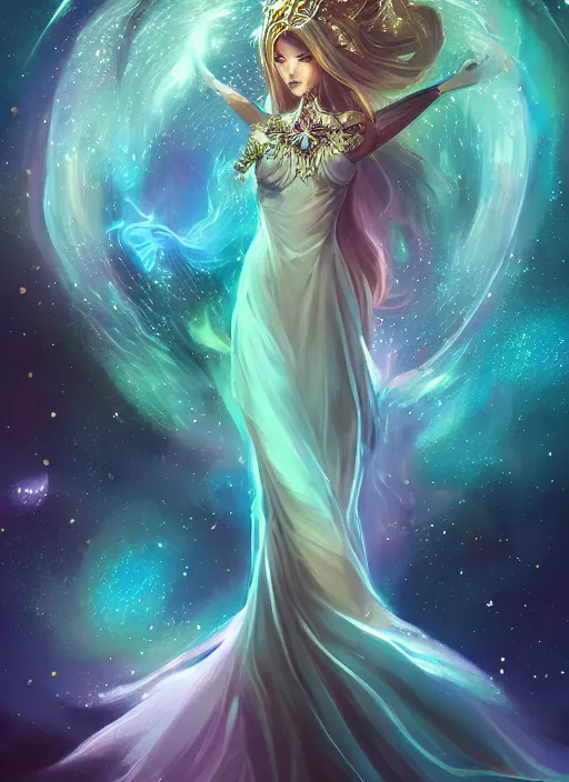 Image similar to a highly detailed illustration of elegant goddess wearing cosmic dress, elegant floating pose, beautiful detailed figure, nebula background, intricate, elegant, highly detailed, centered, digital painting, artstation, concept art, smooth, sharp focus, league of legends concept art, wlop