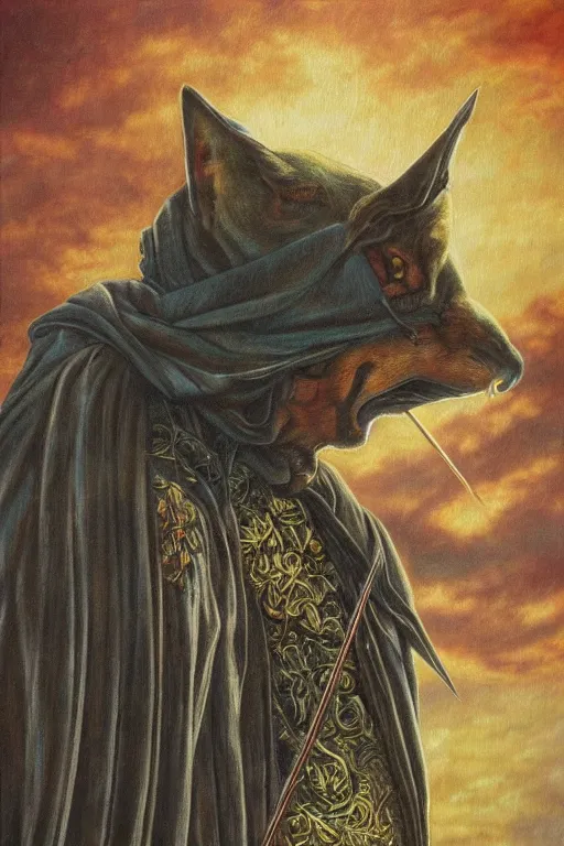 Prompt: Beautiful oil painting of Robin Hood by Chie Yoshii, portrait, nature, symmetrical face, dramatic lighting, sunset